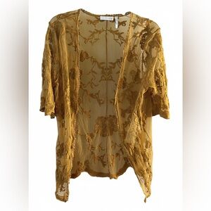 LUQ Mustard Yellow Floral Embroidered Lace Kimono Duster - Size S